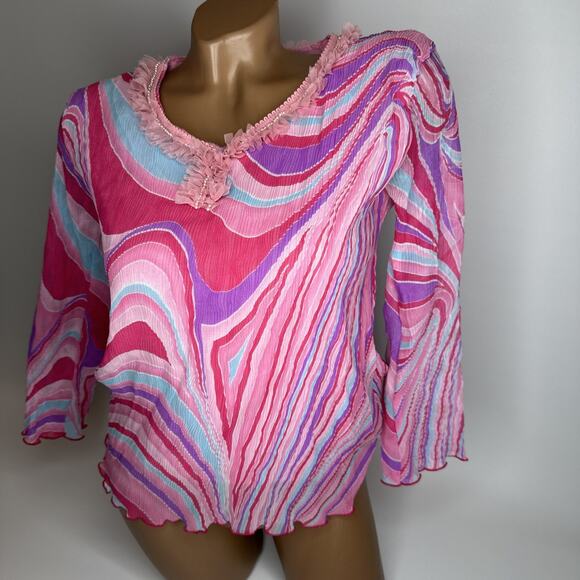 Y2K Korea Medium Pink Psychedelic Crinkle Mesh Ruffle Top Fairycore Whimsigoth - Picture 10 of 10